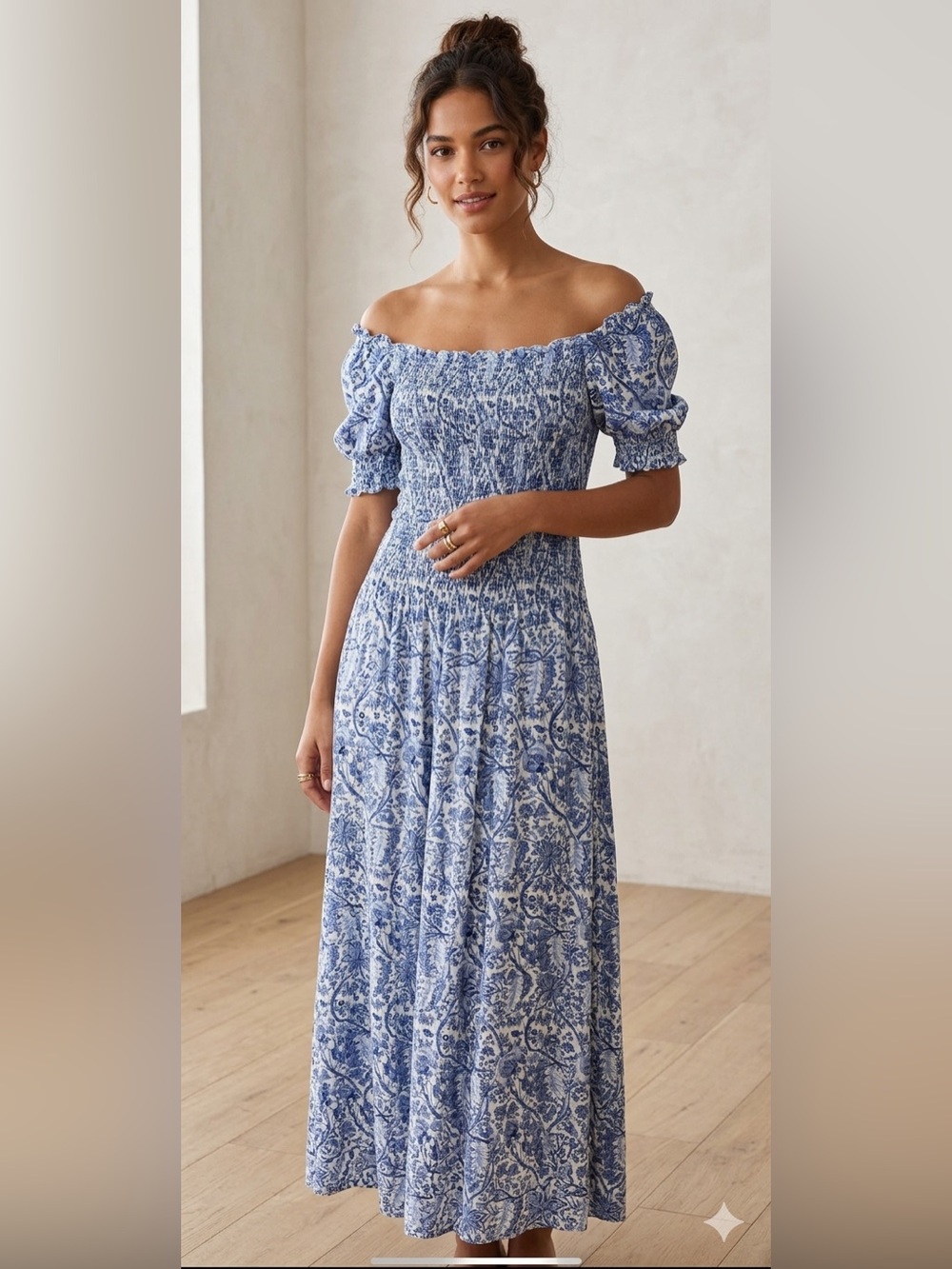 Max Studio Chinoiserie (Asian art)
Floral short sleeve Smocked Maxi Dress
Large